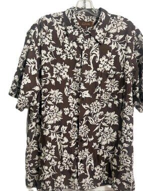 Tasso Elba Mens Shirt Large Short Sleeves Button Down Brown Silk Linen Blend